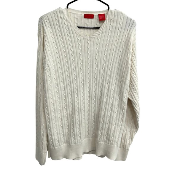 Izod Mens Cable Knit V-Neck Sweater Cotton White Classic Design Sz L - Picture 1 of 9